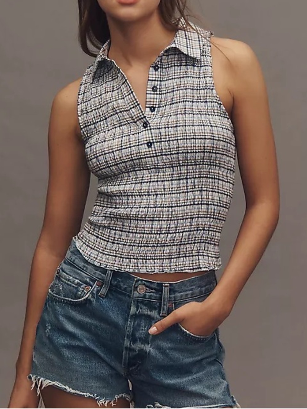 Anthropologie Pilcro Navy and White Preppy Sleeveless Plaid Button-Down Shirt